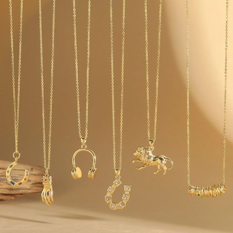 Vintage Kupfer Löwe Hufeisen Kopfhörer Anhänger Halskette Für Damen Gold Überzogen Zirkonia Eingelegt Choker Modeschmuck