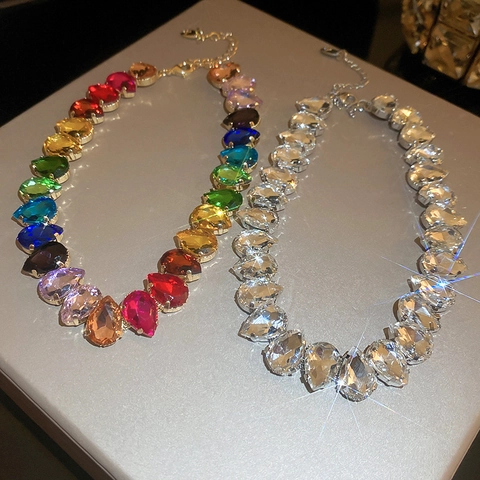 Collier Choker De Luxe En Strass Goutte D'eau Pour Femmes Cuivre Cristal Taille Poire Bijoux De Fête