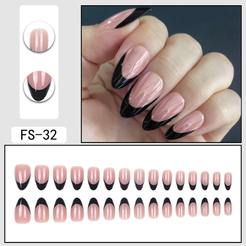 Unghie Finte A Pressione Stile Francese Bordo Nero A V Rosa Nude Mandorla Copertura Completa Manicure Lucida Per Donne