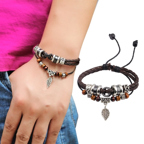 Retro Multi-layer Woven PU Leather Bracelet With Alloy Leaf Pendant And Wood Beads Adjustable Vintage Style For Men Women