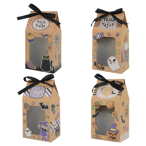 Halloween Kraft Paper Candy Boxes With Ribbon And Clear Window Trick Or Treat Gift Packaging For Party Favors