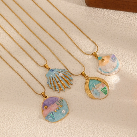 Ocean Shell Pendant Necklace Stainless Steel Enamel Jewelry Women French Vintage Oil Painting Style Artificial Pearl Accent