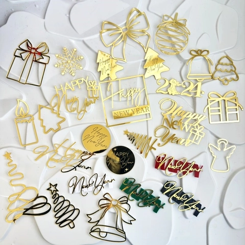 Happy New Year Cake Toppers Acrylic Mirror Gold Lettering Year Of The Dragon Holiday Party Dessert Decorations