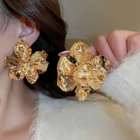 Large Flower Stud Earrings With Textured Hammered Metal Wrinkled Petals And 925 Sterling Silver Earring Post For Women