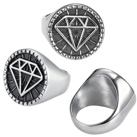 Anello Sigillo Uomo Acciaio Inossidabile Retro Punk Motivo Geometrico Diamante Rilievo Stile Hip Hop Industrial