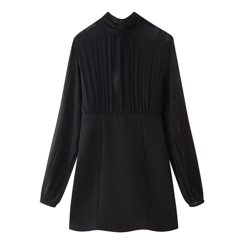 Elegant Black Chiffon Pleated Mini Dress For Women Long Sleeve Stand Collar Tie Waist Bodycon Commute Dress