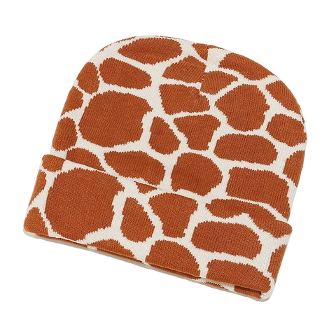 Giraffe Print Acrylic Knit Beanie Hat Winter Warm Folded Cuff Casual Skull Cap For Men Women