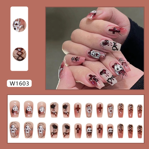 Faux Ongles Coffin Press On Rouge Foncé Style Gothique Sombre Motif Lapin Cœur Croix Ongles Amovibles Sweet Cool Pour Femmes
