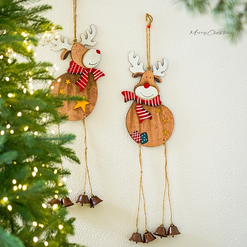 Ornamenti Appesi Renna Di Natale In Legno Con Campanelli In Metallo Sciarpa In Tessuto Corda Di Juta Decorazione