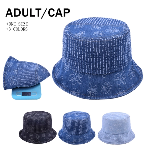 Denim Fischerhut Blumenmuster Ausgefranster Rand Breiter Krempe Sonnenschutz Outdoor Lässiger Retro-Stil Für Damen