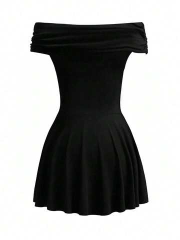 Off-The-Shoulder Mini Dress Polyester Spandex Knitted High Waist Pleated A-Line Slim Fit Sexy Party Clubwear Women