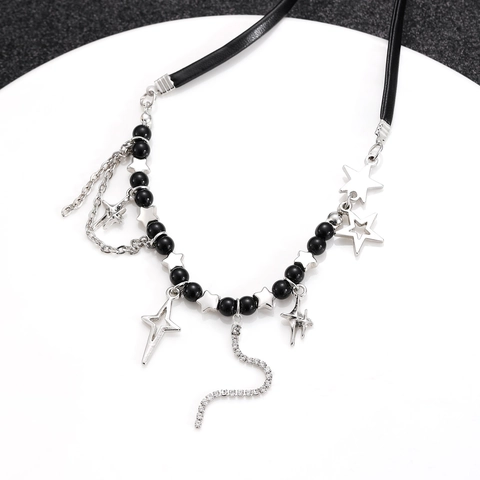 Y2K Aesthetic Star Tassel Choker Necklace For Women Punk Black Leather Cord Alloy Pentagram Cross Star Rhinestone Chain Jewelry