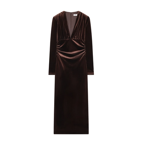 Elegant Velvet Long Sleeve Deep V Neck Ruched Bodycon Midi Dress Solid Color Slim Fit Party Clubwear For Women