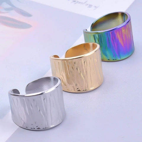 Bague Ouverte En Acier Inoxydable Texture Martellée Ajustable Bijoux Style Rétro Punk Pour Hommes Femmes
