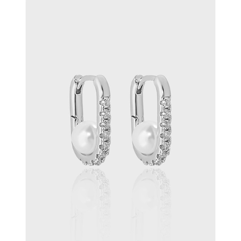 S925 Sterling Silver Geometric Oval Hoop Earrings for Women Artificial Pearl Rhinestone Inlaid Gold Silver Jewelry Accessory