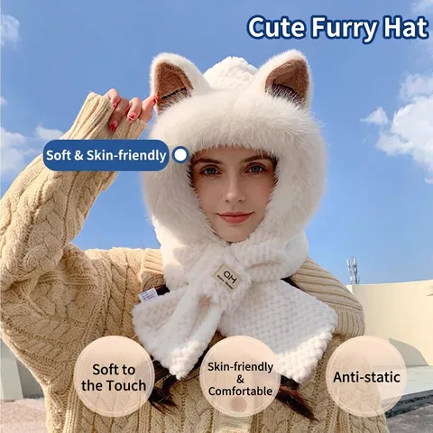 Conjunto de Bufanda con Capucha y Gorro de Peluche Cálido para Invierno para Mujer Orejas de Animal Gruesas a Prueba de Viento Piel Sintética