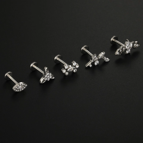 Titanium Steel Zirconia Labret Stud Internally Threaded Flat Back Piercing Jewelry For Lip Ear Cartilage Tragus Helix