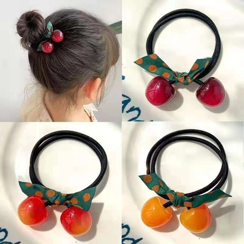 Chouchous Cerise Mignons Avec Pendentif Fruits En Acrylique Et Nœud À Pois Élastique Décoration Douce Pour Filles Enfants