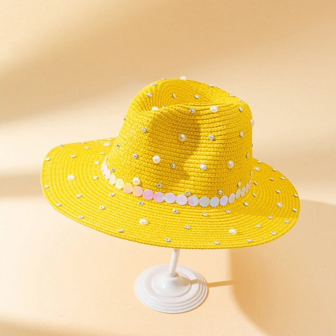 Cappello Fedora In Paglia Da Donna Protezione Solare Spiaggia Tesa Larga Perla Artificial Strass Paillettes Decorazione Estate Elegante