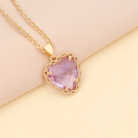 Heart Pendant Necklace Brass Cubic Zirconia Colorful Faceted Gemstone Clavicle Chain Jewelry For Women