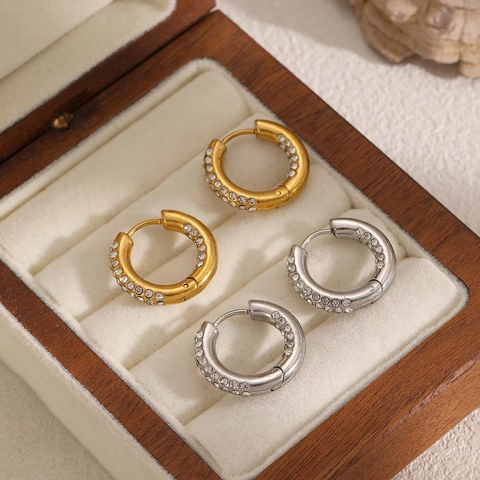 Stainless Steel Hoop Earrings With CZ Zircon Pavé Multi Row Huggie Minimalist Jewelry For Women