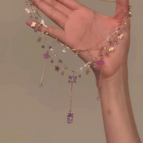 Double Layer Necklace Alloy Purple Crystal Butterfly Pendant Tassel Elegant Clavicle Chain Jewelry For Women