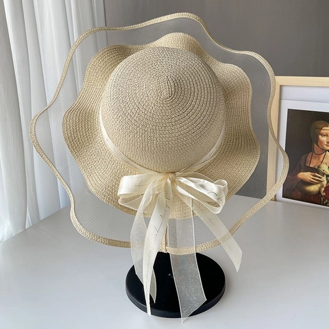 Damen Strohhut Mit Breiter Krempe Elegant Schleife Sonnencreme Sommer Strand Faltbar Netz-Patchwork Bestickt Sonnenhut