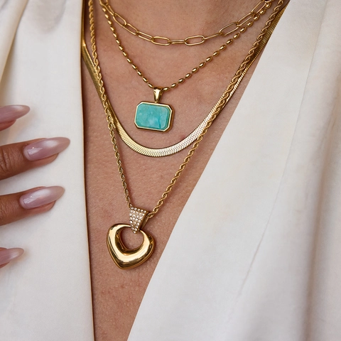 Heart Pendant Necklace 18K Gold Plated Stainless Steel Waterproof Hollow Twisted Rope Chain Rhinestone Jewelry For Women
