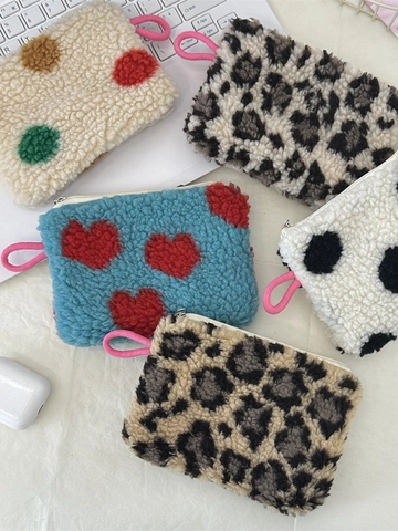 Mini Monedero De Peluche Corazón Leopardo Rayas Lunares Bolsa De Almacenamiento Lápiz Labial Con Cremallera Rosa