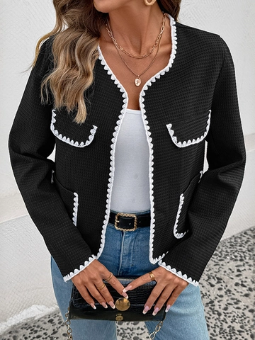 Waffelstruktur Cardigan Jacke Für Damen Eleganter Langarm Kontrast Wellensaum Französischer Stil Polyester Strickwaren