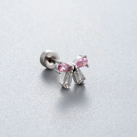 Pendientes De Acero Inoxidable Con Circón Rosa Lazo Corazón Cierre De Rosca Para Mujer Joyería De Piercing Fina