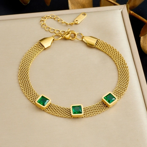 Gold Plated Edelstahl Mesh Kette Armband Mit Quadratischen Geometrischen Edelsteinen Eleganter Vintage Schmuck Damen Verstellbar