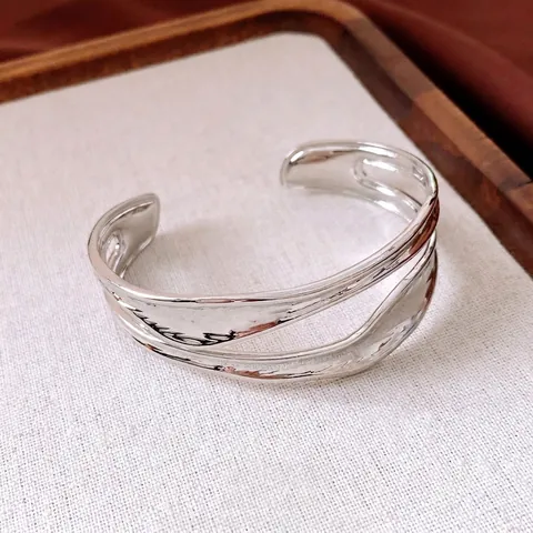 Irregular Wave Double Layer Open Cuff Bracelet Copper Gold Plated Liquid Metal Texture Minimalist Modern Women Jewelry