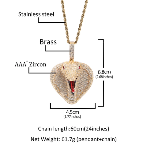 Hip Hop Cobra Pendant Necklace Iced Out Zircon Copper Snake Head Red Eyes Stainless Steel Rope Chain Jewelry Men Women