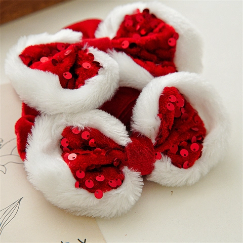 Weihnachten Schleife Scrunchie Rot Samt Pailletten Kunstpelz Festlicher Haarschmuck Für Damen Mädchen
