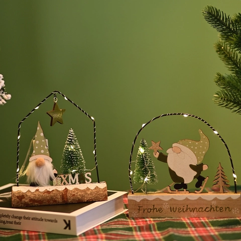 Adorno de Escritorio de Madera de Gnomo de Navidad con Luces LED Letras XMAS Frohe Weihnachten Luz Nocturna de Madera para Decoración Hogar Fiesta Regalo