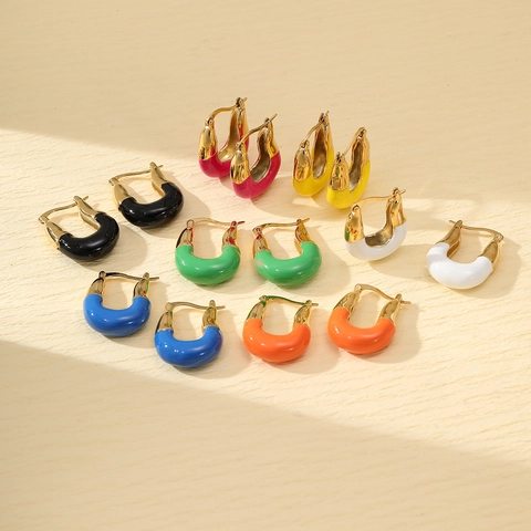 Orecchini a Cerchio in Acciaio Inossidabile a Forma di U con Smalto Colorato Design Geometrico Minimalista per Donna