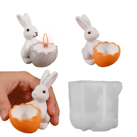 Easter Bunny Holding Eggshell Silicone Mold DIY Candle Holder Storage Box Resin Plaster Casting Tool