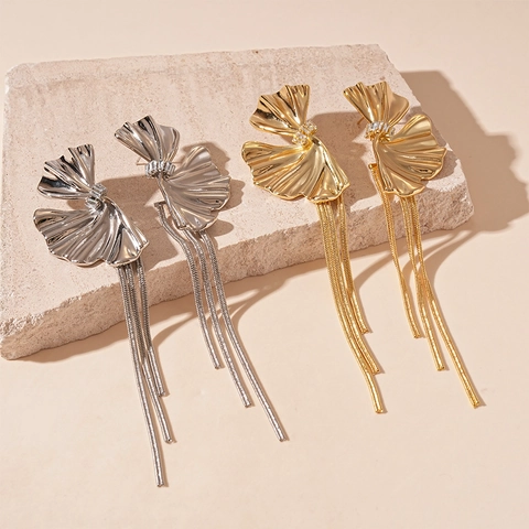 Flower Fan Pleated Long Tassel Earrings With Alloy Zircon And 925 Sterling Silver Earring Post For Women Elegant