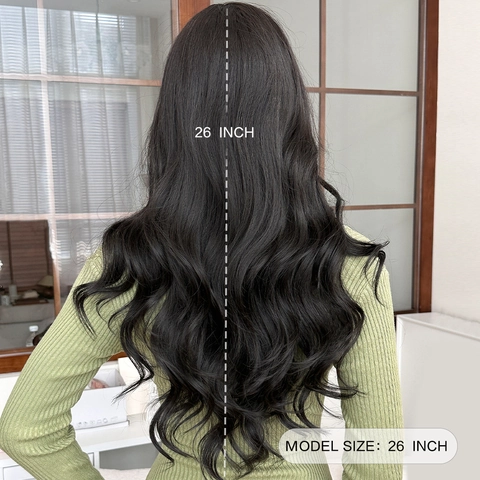 Peluca Sintética Larga Ondulada Con Flequillo Negro Natural Marrón Ombré Degradado Fibra De Alta Temperatura Para Mujeres