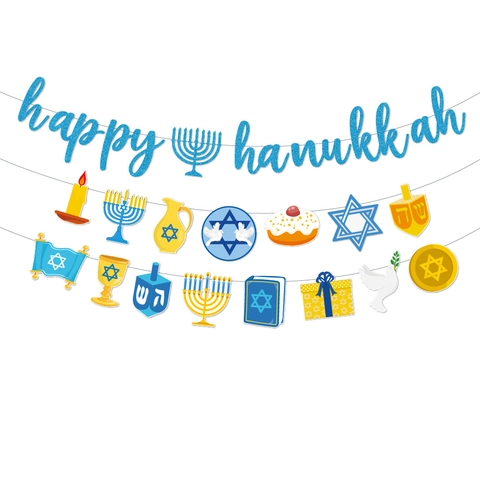 Happy Hanukkah Banner Bandierine Blu Glitter Carta Ghirlanda Menorah Stella Di David Dreidel Decorazione Festa Ebraica