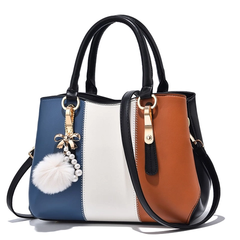 Elegant Women Handbag PU Leather Color Block Shoulder Crossbody Bag Large Capacity Artificial Pearl Pom Pom Charm Daily Office Satchel