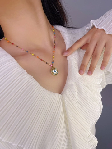 Women Titanium Steel Gold Plated Daisy Flower Evil Eye Pendant Necklace Colorful Beads Rhinestone Heart Clavicle Chain Jewelry