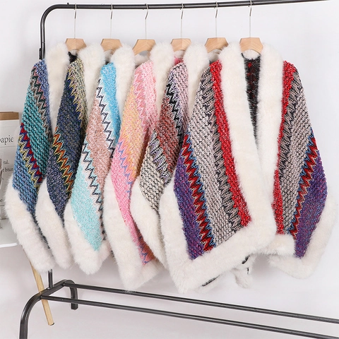 Dames Gebreide Sjaal Cape Met Kraag Van Imitatiebont Etnische Boho Golfpatroon Warme Cardigan Mantel Voor Winterreizen