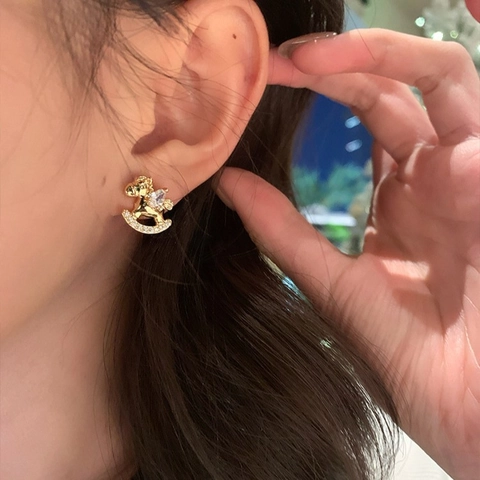 Rocking Horse Stud Earrings Gold Plated Copper With Zircon And Silver Earring Post Cute Novelty Jewelry For Women