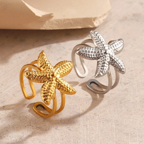 Anillo Abierto De Estrella De Mar Acero Inoxidable Ajustable Texturizado Tema Océano Joyería De Playa Moda Para Mujeres
