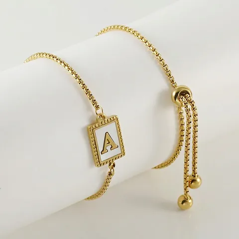 Initial Alphabet Bracelet 18K Gold Plated Stainless Steel White Mother Of Artificial Pearl Pendant Adjustable Slider Chain For Women