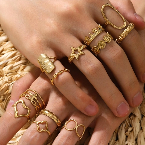 French Style Celestial Star Moon Heart Evil Eye Vintage Bohemian 18k Gold Plated Stainless Steel Ring Open Adjustable