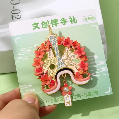 Calamita Da Frigo Souvenir Turistico Della Città Lega Di Zinco Smalto Guangzhou Canton Tower Danza Del Leone Regalo