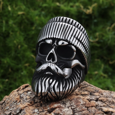 Retro Stainless Steel Bearded Skull Ring For Men Biker Punk Gothic Mustache Ghost Head Jewelry Beanie Hat Design